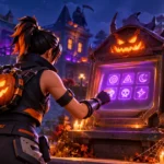 Fortnite Trick or Treat Cheat Codes at a haunted Halloween location with glowing purple symbols