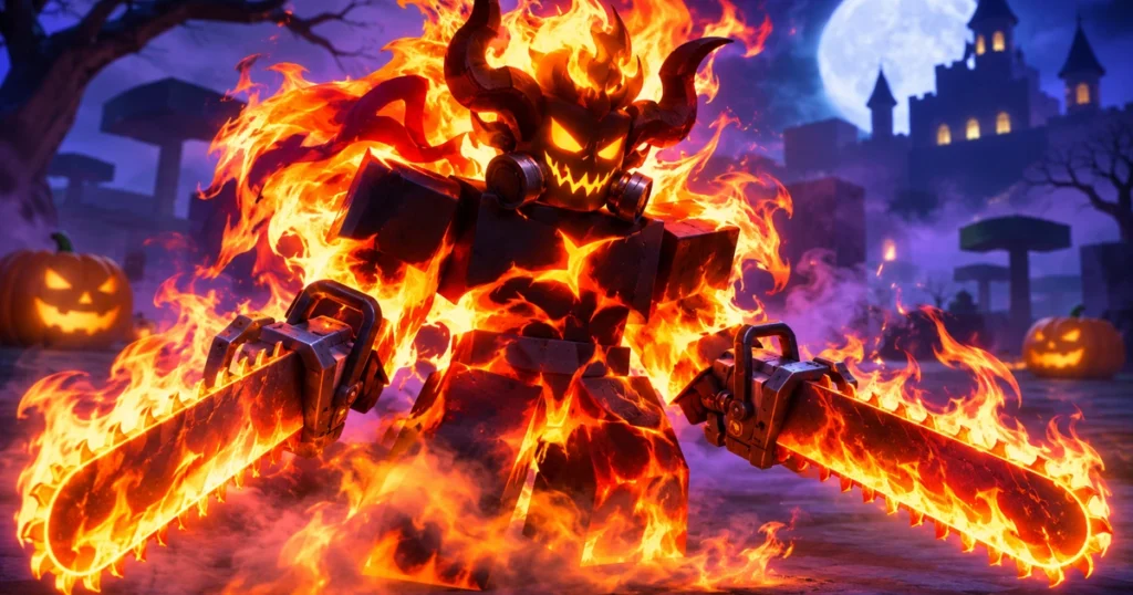 Blox Fruits Hellfire Gas mutation demon transformation with flaming dual chainsaws.