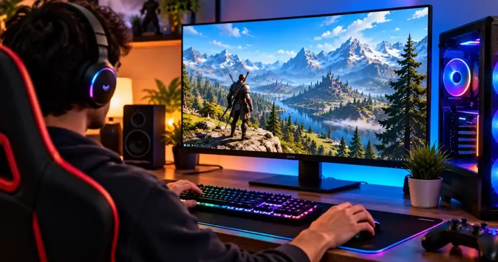 Gamer using a widescreen monitor with a colorful fantasy game, RGB keyboard, gaming mouse, and desktop gaming PC.
