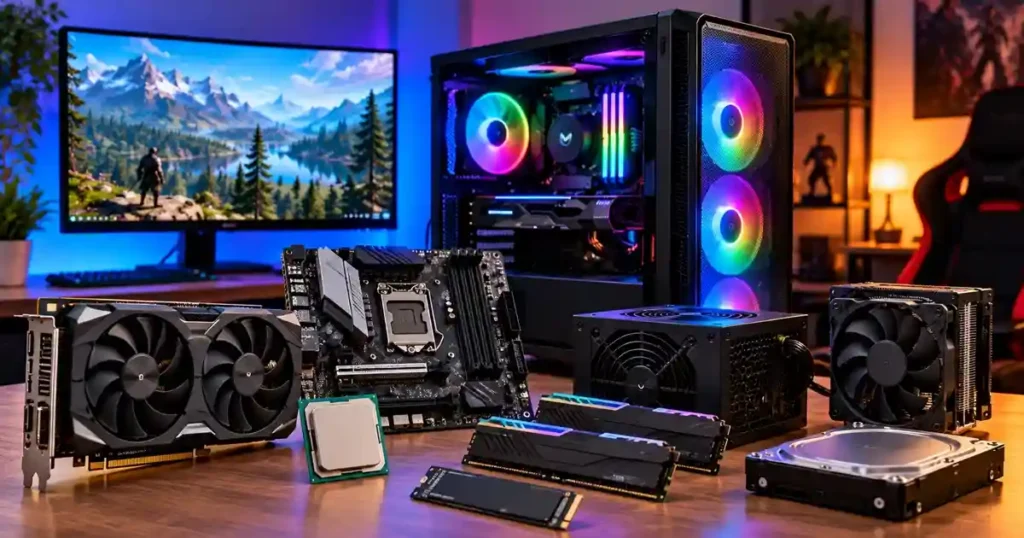 Budget gaming PC hardware featuring a graphics card, motherboard, processor, RAM, SSD, power supply, and cooling components.