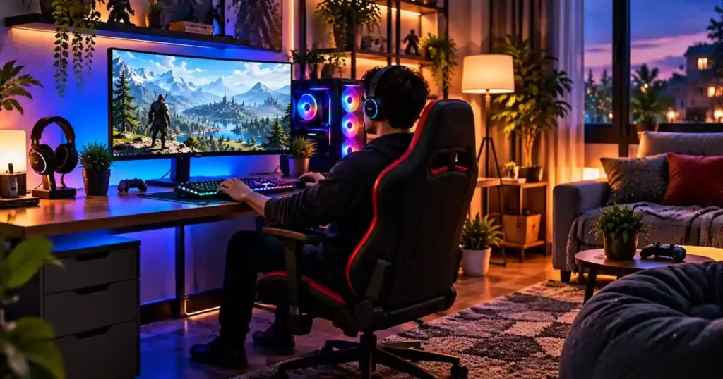 Comfortable gaming space with an ergonomic chair, gaming desk, monitor, RGB PC, plants, and warm ambient lighting.