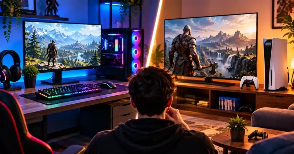 Gaming PC with an RGB desktop and monitor compared with a console gaming setup on a TV