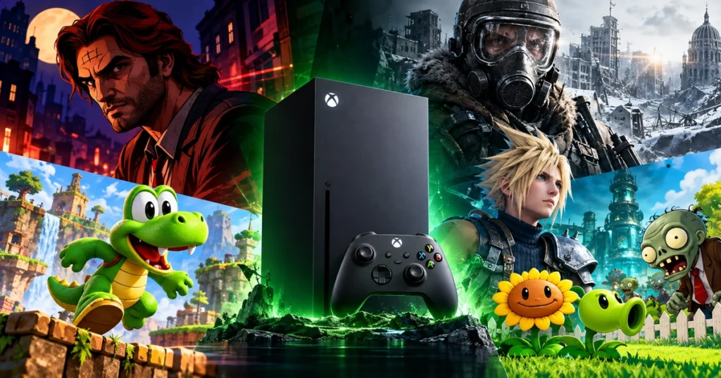 Xbox Series X console surrounded by characters representing upcoming Xbox games in October 2026.