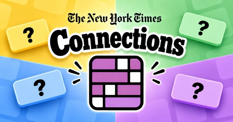 NYT Connections puzzle graphic with colorful tiles and a purple puzzle grid.