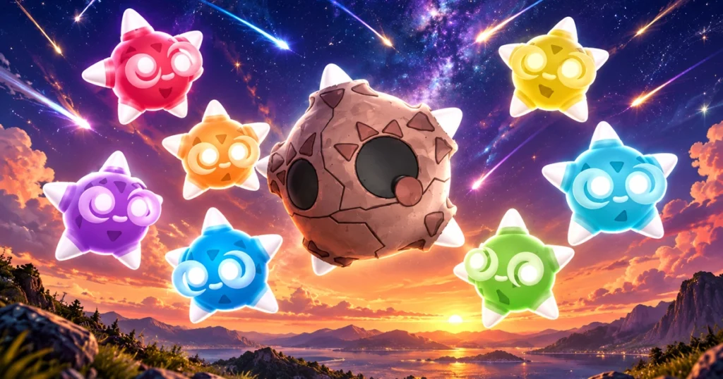 Minior and its seven colorful core forms floating beneath a meteor-filled sky in Pokémon GO.
