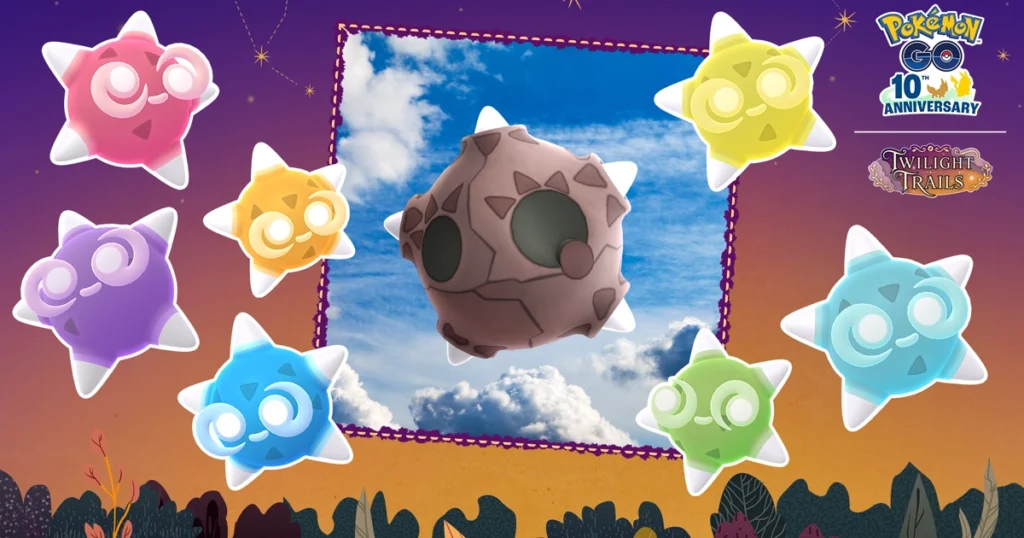 Minior and its seven colorful core forms floating beneath a meteor-filled sky in Pokémon GO.