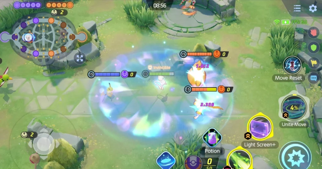 Pokémon UNITE gameplay showing Mewtwo battling opponents with Light Screen and Solar Beam abilities in the Practice Area.