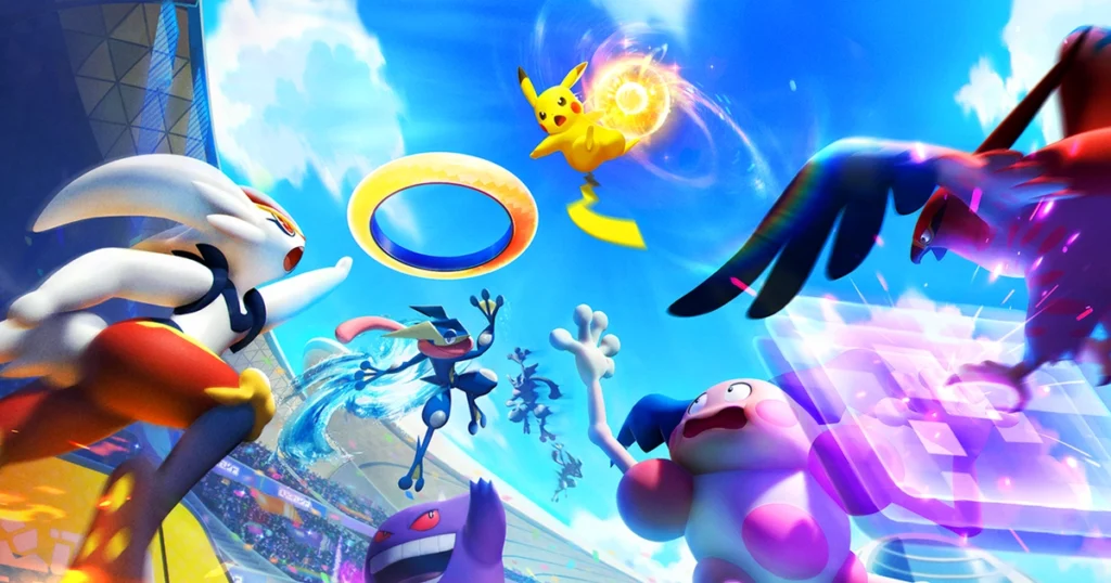 Pokémon UNITE battle featuring Pikachu, Lucario, Greninja, Gengar, and other Pokémon in a futuristic arena.