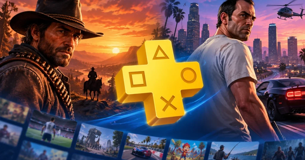 Cinematic PS Plus gaming montage featuring a western outlaw, a modern city, and a golden gaming subscription symbol.