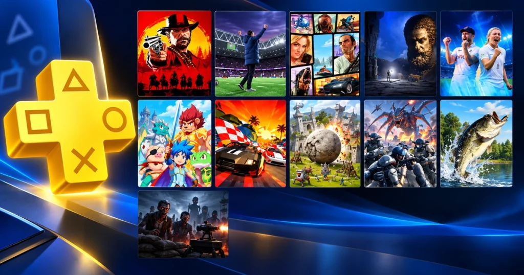 PS Plus style gaming catalog featuring artwork inspired by western, football, open-world crime, puzzle, racing, and survival games.
