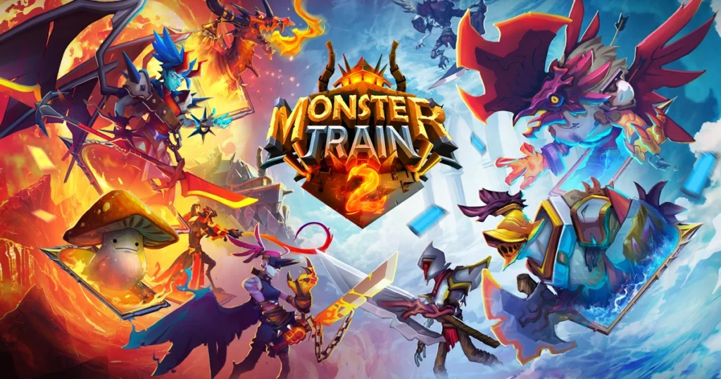 Monster Train 2 fantasy artwork featuring colorful monsters, warriors, and magical battles