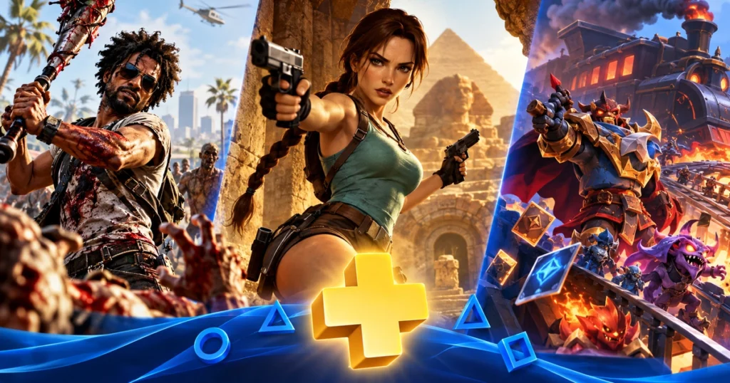 PlayStation Plus November 2026 games featuring zombie action, classic adventure, and fantasy strategy worlds