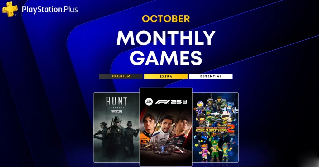 PlayStation Plus October 2026 Monthly Games featuring F1 25, Hunt Showdown 1896, and Earth Defense Force World Brothers 2