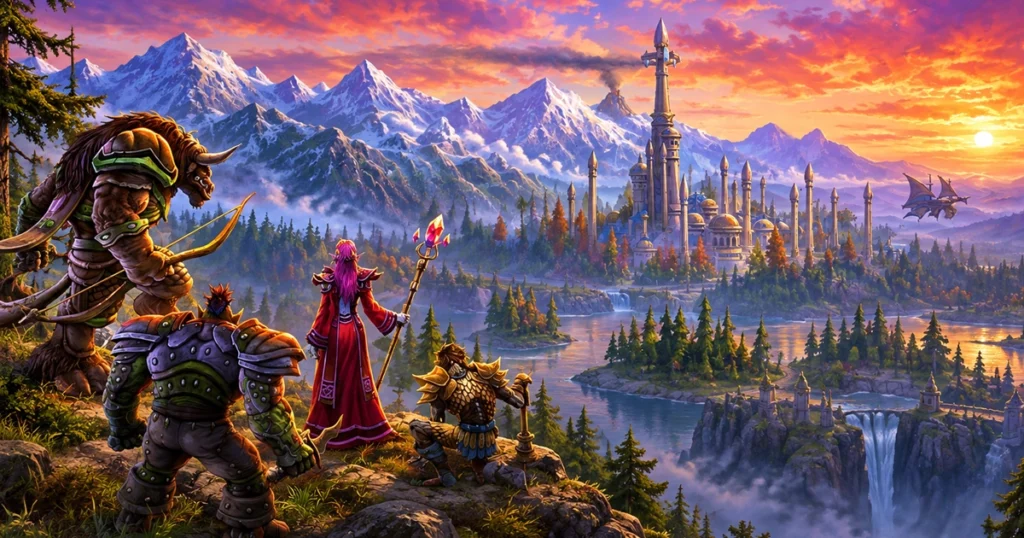 World of Warcraft Forever fantasy adventurers overlooking a magical city at sunset